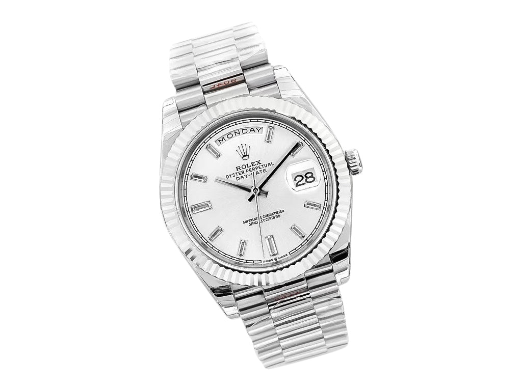 Day-Date 40 White Gold 'President' with Silver Diamond Dial and Fluted Bezel