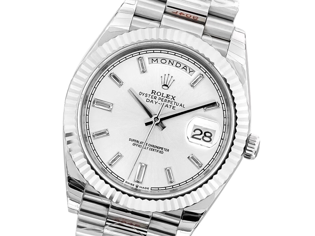 Day-Date 40 White Gold 'President' with Silver Diamond Dial and Fluted Bezel